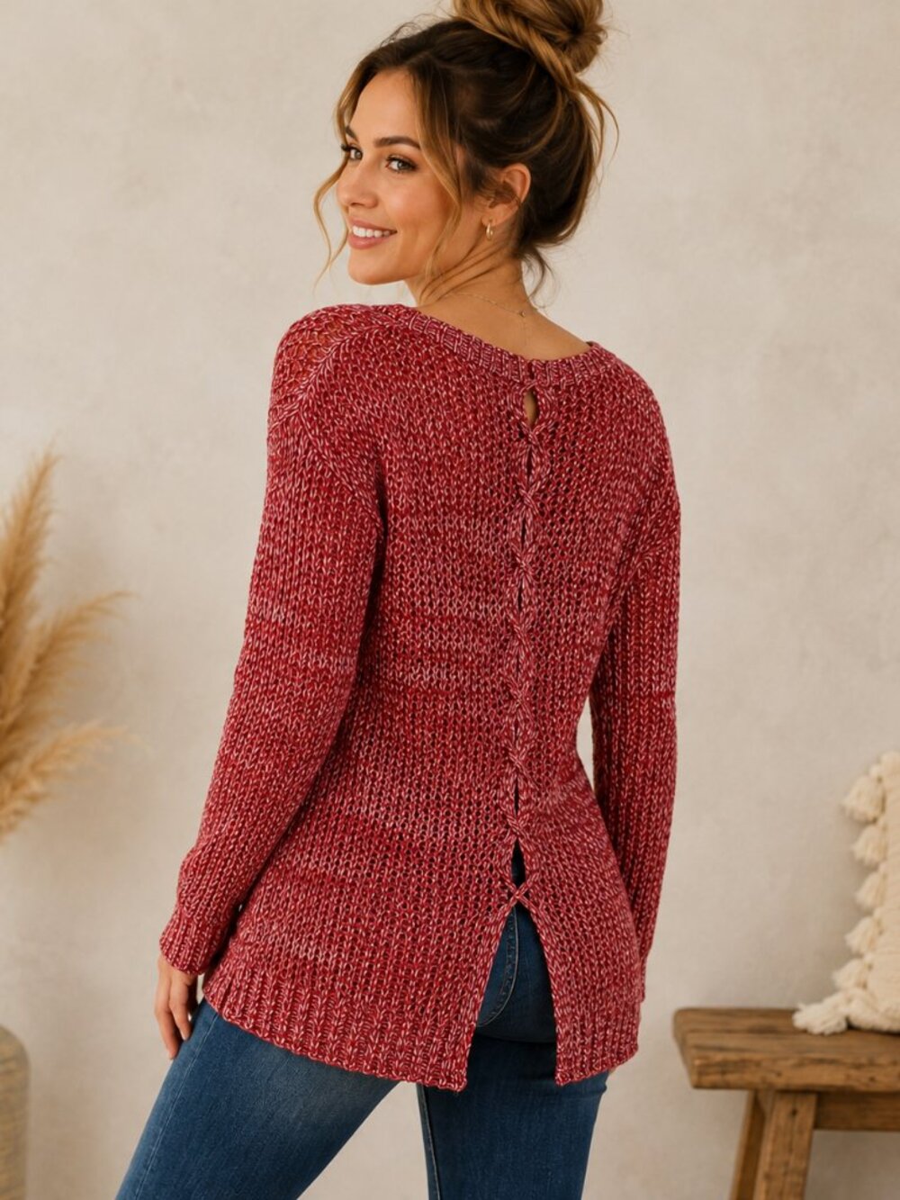 Lucky Brand Womens M Open Knit Lace Up Back Tunic Sweater Burgundy Boho Festival